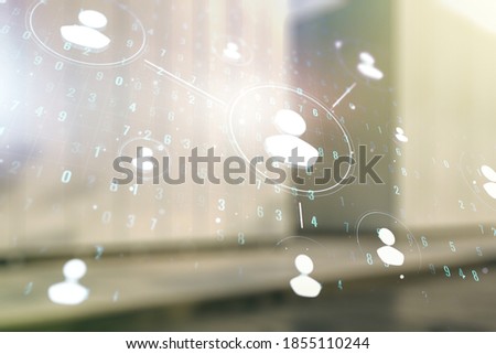 Abstract virtual social network concept on blurry modern office building background. Multiexposure
