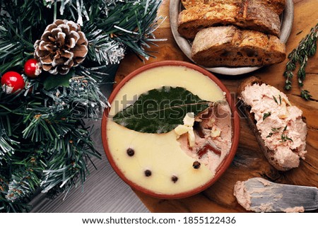 Pate terrine, toast, Christmas tree