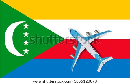 Plane and flag of Comoros. Travel concept for design. Vector Illustration of a passenger plane flying over the flag of Comoros.