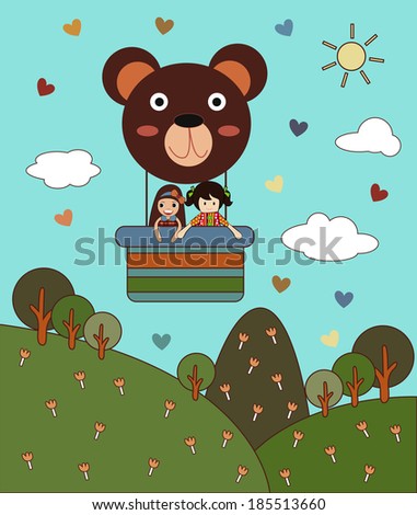 Vector of Balloon Teddy Bear with Two Girl in The Sky