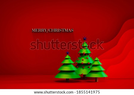 Abstract green christmas trees on red background. Christmas, new year concept. 3D rendering