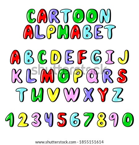 Funny cartoon alphabet. Multicolored capital letters and numbers set. Kids vector comic font.