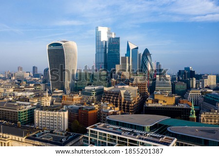 London city skyline drone view of square mile at sunrise Royalty-Free Stock Photo #1855201387