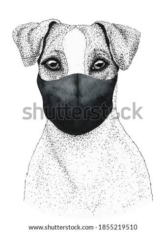 Hand drawing animal jack russell terrier dog wearing face medical mask. covid-19 protection coronavirus.