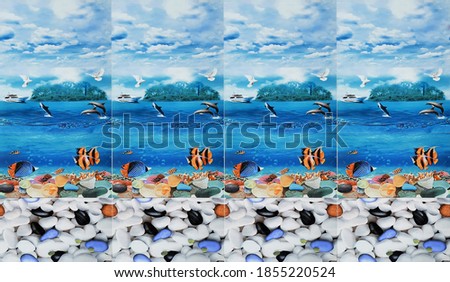 aquatic underwater scene printed seamless tiles design with fishes and splashing water