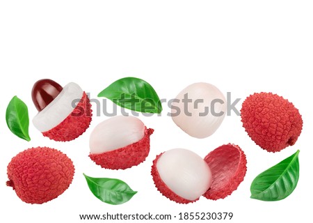 lychee fruit isolated on white background . Top view. Flat lay with copy space for your text Royalty-Free Stock Photo #1855230379