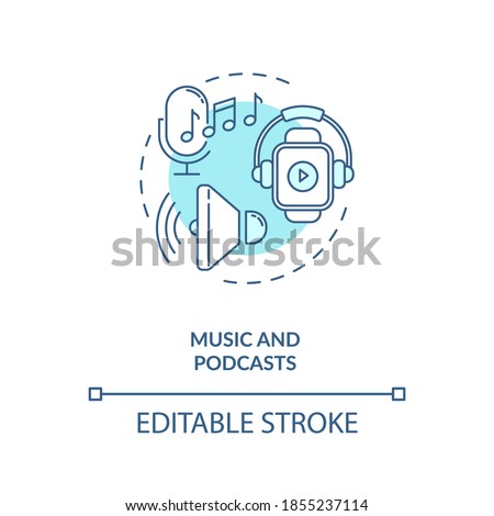 Music and podcasts concept icon. Wearable technology feature idea thin line illustration. Lightweight music device. Audio books and podcasts. Vector isolated outline RGB color drawing. Editable stroke