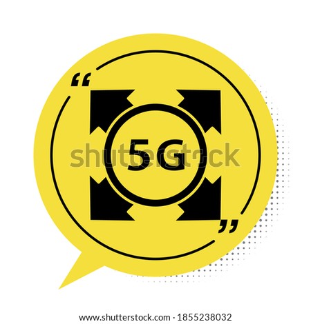Black 5G new wireless internet wifi connection icon isolated on white background. Global network high speed connection data rate technology. Yellow speech bubble symbol. Vector.