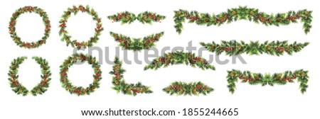 Big set of Christmas fir garlands with red berries and cones.  Vector illustration. Royalty-Free Stock Photo #1855244665