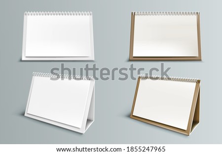 Calendar mockup with blank pages and spiral. Desktop horizontal paper calender mock up front and side view isolated on grey background. Agenda, almanac template. Realistic 3d vector illustration, set