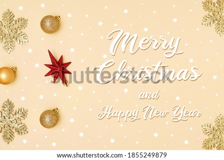 Merry Christmas card with stars and balls ornaments. Christmas invitation with lettering.