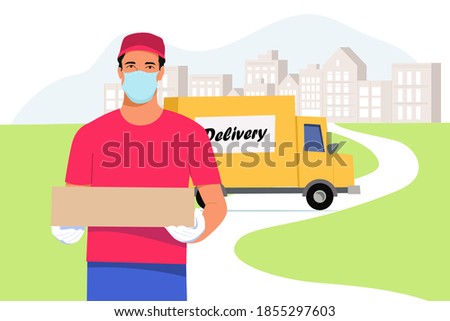  Delivery during quarantine time.Delivery courier man with medical protective mask on his face.Vector illustration. 