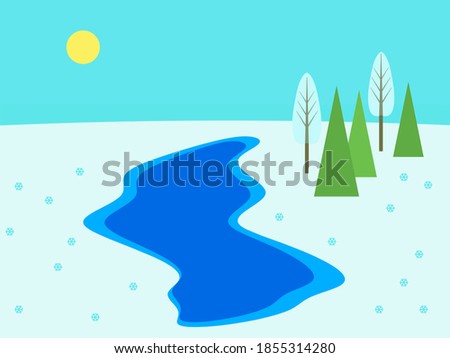Winter landscape with frozen lake and forest. Winter nature background. Illustration in flat style.