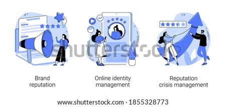 Business public relations abstract concept vector illustration set. Brand reputation, online identity management, reputation crisis management, product presence, social network abstract metaphor. Royalty-Free Stock Photo #1855328773
