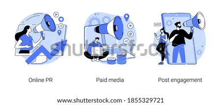 Digital PR service abstract concept vector illustration set. Online PR, paid media, post engagement, copywriting, corporate communication, follower interaction, public relations abstract metaphor. Royalty-Free Stock Photo #1855329721