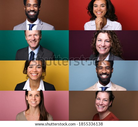Group of different people in front of a colored background