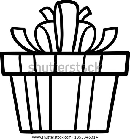 Christmas gift or birthday present wrapped with ribbon knot bow decorative black and white outline crip art illustration on transparent background