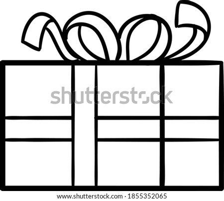 Gift box and Christmas present with riggon and knot bo outline black and white clip art illustration on transparent background