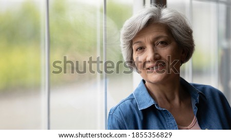 Head shot portrait close up smiling mature woman posing standing near window at home, attractive joyful senior grey haired female looking at camera, enjoying leisure time, happy retirement