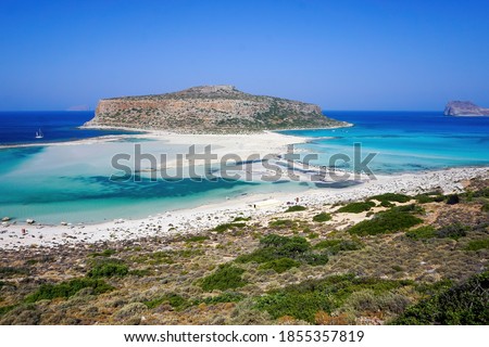 
The Balos lagoon is separated from the bay of the same name by a strip of sand that connects the promontory of Corico to Cape Tigani, in the most north-western part of the island of Crete, in Greece Royalty-Free Stock Photo #1855357819