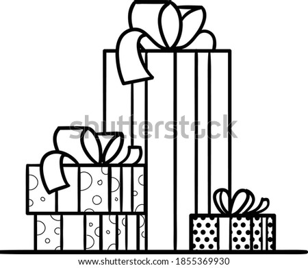 Pile of gift boxes or Christmas presents box with stripes dot and live patterns and knot bow ribbon outline black and white clip art on transparent background isolated