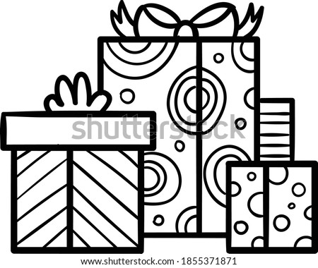Pile of gift boxes or Christmas presents box with stripes tops and live patterns and knot bow ribbon outline black and white clip art on transparent background