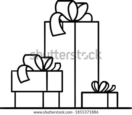 Pile of gift boxes or Christmas presents box with stripes tops and live patterns and knot bow ribbon outline black and white clip art on transparent background