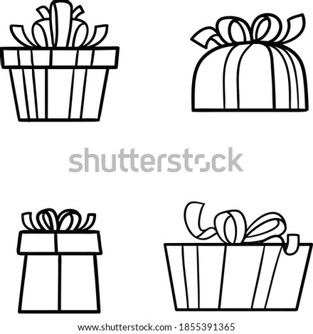 Set of Black and white Christmas present or birthday gift boxes set of vector clip art icons on transparent backgrovnt