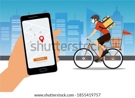  delivery service app on smartphone: Courier on a bike with parcel box on the back tracking an order using his smartphone, city street in the background, logistics and technology concept