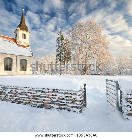 Lutheran church in Latvia in beautiful winter day