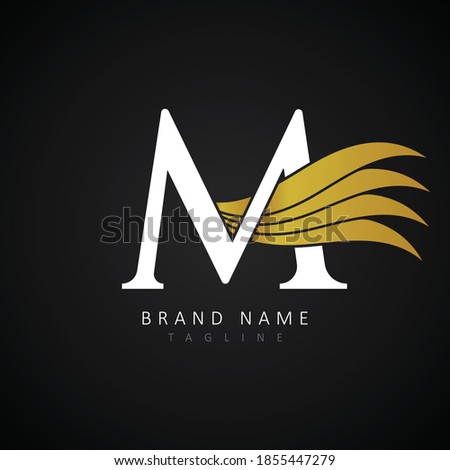 Letter M Logo with Golden Wing Icon, Initial M Wing Logo, Vector