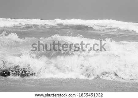 Beach giant waves rush to the sandy beach(black and white photo).Gyeongpo Beach, South Korea