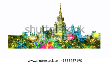 Silhouette of old university in Moscow filled with colourful new year decoration infected with coronavirus isolated on white background 
