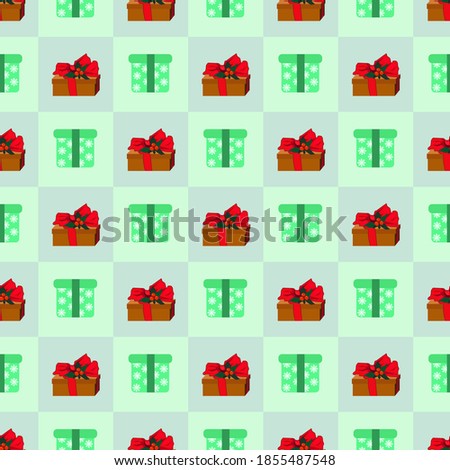 Seamless texture with gift boxes decorated with ribbon, bow, red berries with green leaves and snow in chessboard order