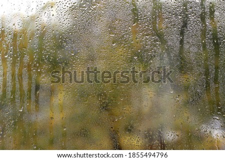 wet glass with drops and drips from rain. autumn view from the window