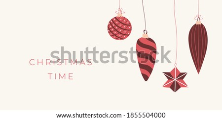 Design Christmas time banner template. Merry Christmas and Happy New year website layout. Hand drawn vintage Christmas decorations, Christmas balls. Trendy vector illustration