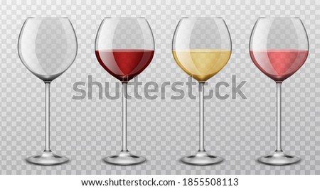 Realistic wine glasses. Different wine types red, white, pink alcoholic drinks collection, empty blank wineglass, restaurant glassware isolated on transparent background, product template vector set Royalty-Free Stock Photo #1855508113