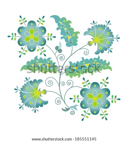 blue blossom flowers with leaves on white background