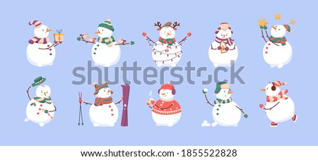 Set of cute christmas snowmen in hats and scarves. Snow men with gift, xmas lights, snowballs, gingerbread and cup of cacao. Collection of cheerful characters. Flat vector illustration isolated Royalty-Free Stock Photo #1855522828