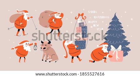 Hand-drawn colorful set of cartoon Santa Claus. Cheerful holiday stories from life of Santa. Meeting Santa with a bull, giving a gift, skiing with a bag of gifts. Vector stock illustration.
