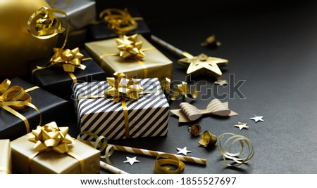 Selective focus/group of gift box and party ornament.Merry christmas,xmas and new year celebration concepts.copy space