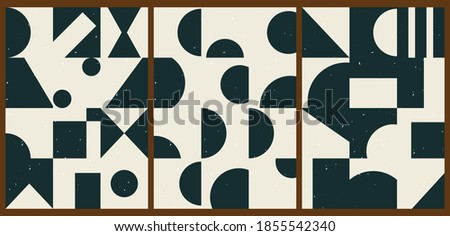 A set of three colorful aesthetic geometric backgrounds. Minimalistic posters for social media, cover design, web, home decor. Vintage illustrations with stripes, shapes, circles, semicircles, lines. Royalty-Free Stock Photo #1855542340