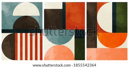 A set of three colorful aesthetic geometric backgrounds. Minimalistic posters for social media, cover design, web, home decor. Vintage illustrations with stripes, shapes, circles, semicircles, lines. Royalty-Free Stock Photo #1855542364