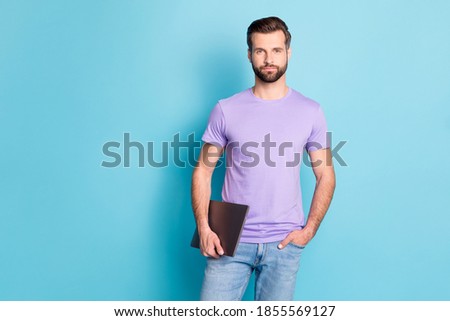Photo portrait of confident businessman wearing casual clothes keeping laptop before meeting isolated bright blue color background copyspace