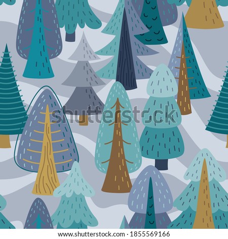 Seamless Christmas pattern.  Winter Vector background of different trees for fabric, textile, wallpaper, posters, gift wrapping and paper, napkins. Print for kids