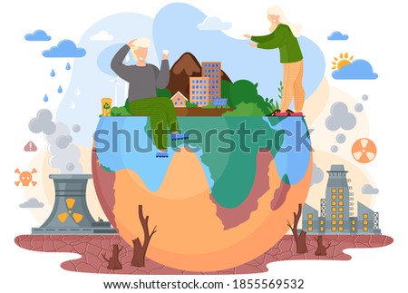 Planet with green trees and bushes surrounded by a lifeless land with cracks, environmental pollution theme with stumps of cut trees to build cities, factories pollute the air with smoke flat vector