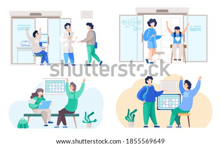 Happy smiling people rejoice and raise hands up. Working with chemical research and experiments in the lab. The glad characters are sitting in scientific laboratory or in the room scenes set