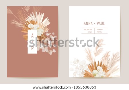 Wedding dried lunaria, orchid, pampas grass floral vector card. Exotic dried flowers, palm leaves boho invitation. Watercolor template frame. Save the Date foliage cover, modern poster, trendy design Royalty-Free Stock Photo #1855638853