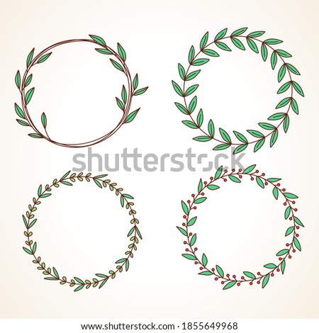 Set of Floral Wreath with leaves and berries, round frame. For wedding invitations and  greeting cards
