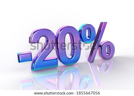 20 percent discount number in chrome violet and pink color. Metallic text for banner on discount time. 3d Rendering.